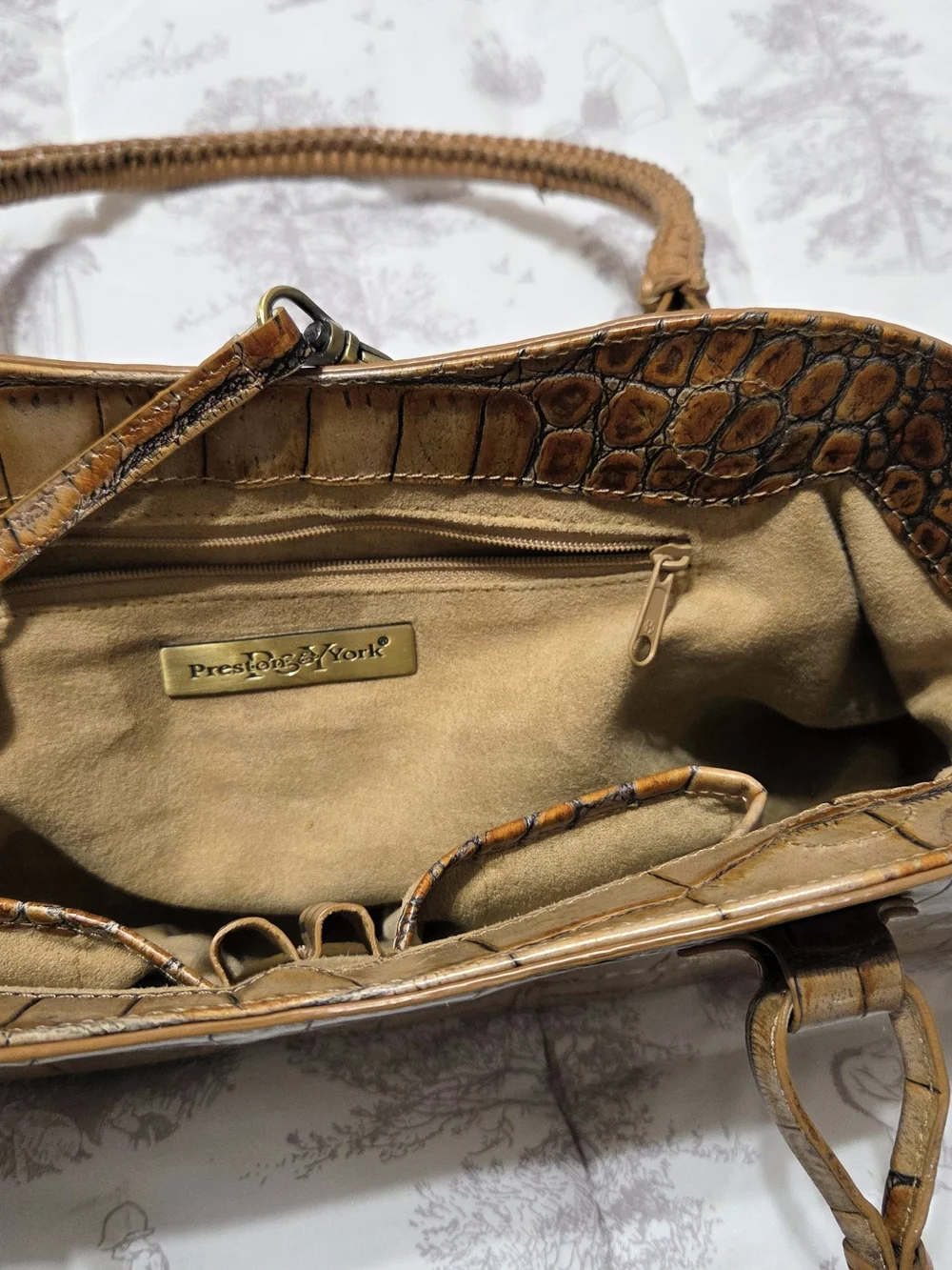 Preston & York Brown Croc Embossed Small Satchel Top Handle Zip Gold Hardware